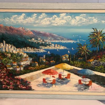 Signed oil painting, Mediterranean resort scene