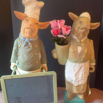 Chef & Maid Pottery Pig With Flower Holder & Chalkboard 