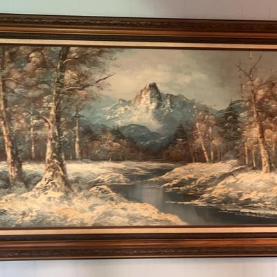 Signed Large oil painting - winter River scene
