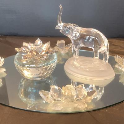 Mirror With Crystals, Glass Elephant, Glass Bowl With Crystal Lid