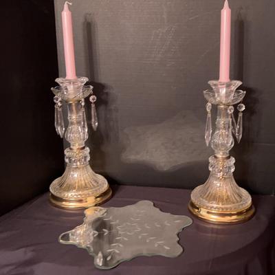 Crystal Candle Sticks & Mirrored Tray