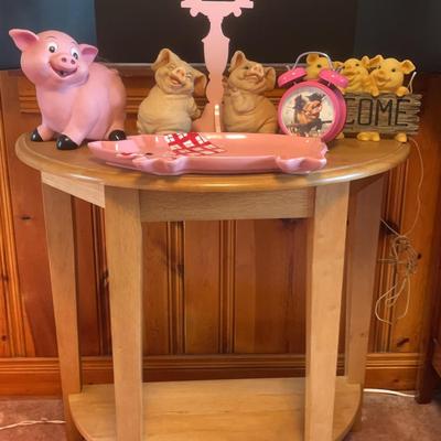 Wood Half-circle Table With Pig Decor