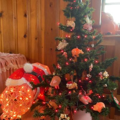 Lighted Christmas Tree With Pig ornaments and lighted Santa pig