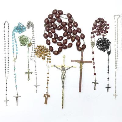 Vintage Brass Wall Cross & Catholic Rosaries – Large Wood/Brass, Blue & Green Glass + 8 More