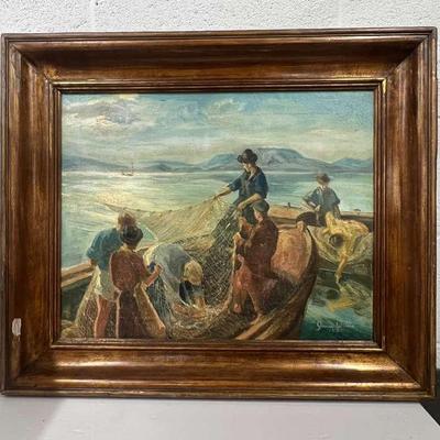 James Waitts 1957 Midcentury Painting After Pal Udvary "Fisherman at Sea" - Framed 24x22”