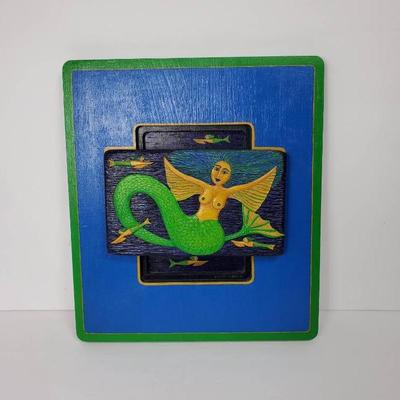 Carolyn Lloyd Swain Signed Hand Carved And Painted Mermaid Relief Plaque - 12.5x11”