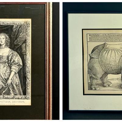 Reproduction Prints: Durer Rhinoceros 17x19” And Van Dyck Portrait Of Countess Elizabeth 20x18” 