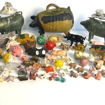 Pig Collectibles: Pottery Piggy Bank, Candle Holders, Miniature Figurines
