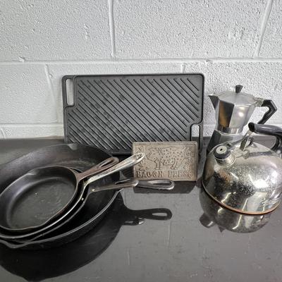 Lodge & Piqua Ware Cast Iron Pans; All Clad Fry Pan, Revere Kettle, More