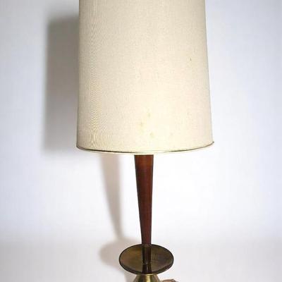 Mid Century Modern Wood & Gold Tone Table Lamp with Drum Shade -32"
