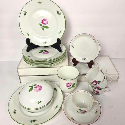 Augarten Vienna Rose Demitasse Cups And Saucers, Plates And Covered Dish