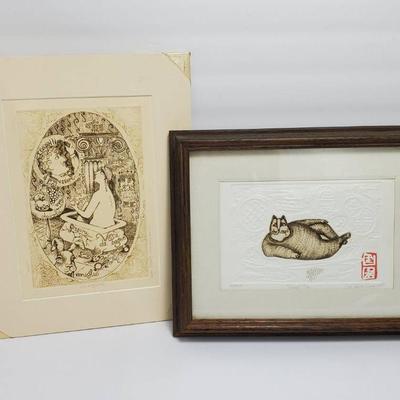Carol Travers Lummus Signed & Numbered Prints - Framed Cat 10.5x13.5”, Matted Bather 14x11”