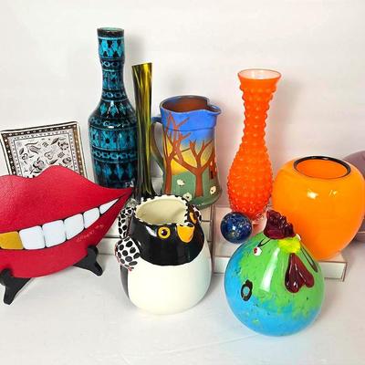 Art Glass & Colorful Ceramic Pitchers, Bottle & More 