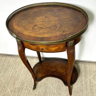 Antique French Style Inlaid Side Table With Pierced Gallery & Ormalu Accents - 15x10x29”