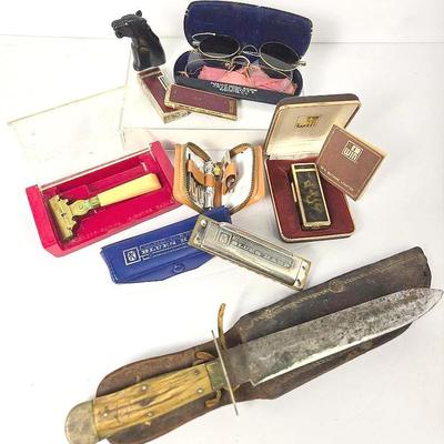Vintage Lighters Including Win & Black Panther, Razors, Harmonica, 11” Knife In Sheath