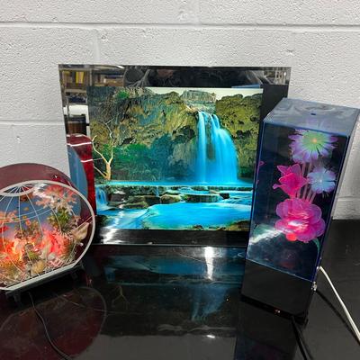 Vintage Lighted Decor: Fiber Optic Flower Lamp, Motion & Sound Waterfall, Aquarium Diorama, 