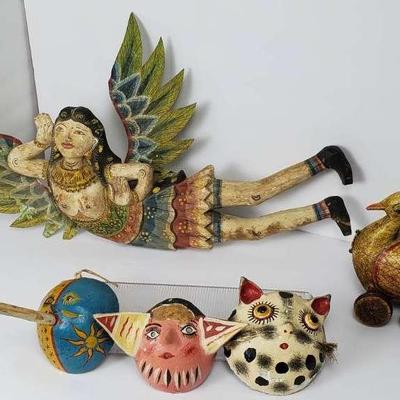 Balinese Winged Goddess Wood Carving 23” Long, Polychrome Gourds, Duck Pull Toy Made In India