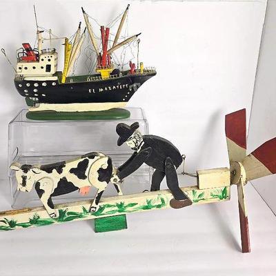 Folk Art Whirligig Of Farmer & Cow 22” Long, Plus Model Ship 13” Wode
