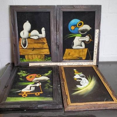 Vintage Snoopy Paintings On Black Velvet - Framed 21x15.5”