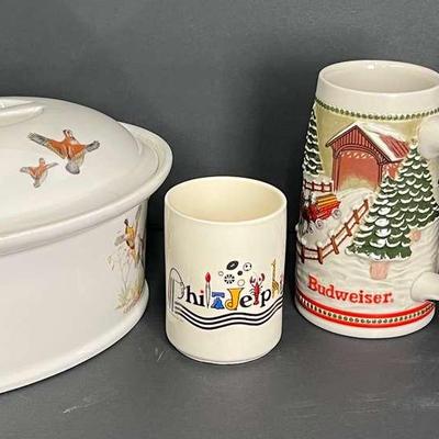 Vintage Lourioux Le Faune Bird Casserole, France, 1976 Nofer Philly Mug, 2 Budweiser Beer Steins
