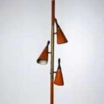 Mid Century Three-light Wood And Brass Tension 97" Lamp


