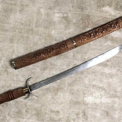 Vintage Hand Made 37” Thai Dha Steel Blade Wooden Carved Scabbard Handle Sword