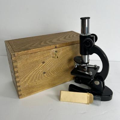 Vintage Accura Cast Iron Microscope with Wooden Case & Accessories