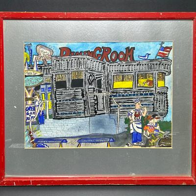 Pamella Bounds Signed Folk Art Drawing “Ocean Drive Diner” 1980 - 18x21”