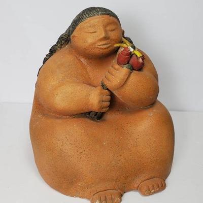 Mexican Folk Pottery - Handmade Sculpture Of Woman With Flowers - 12X12X13”