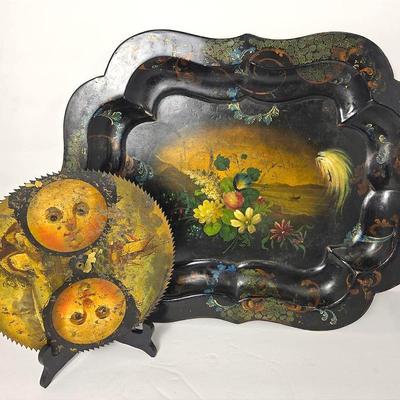 Antique Hand Painted Moon Dial From Grandfather Clock 8.5”, Tole Painted Tray 19”