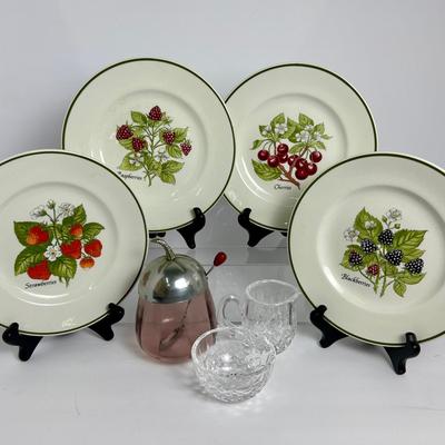 Tiffany & Co Johnson Bros Staffordshire Gardens 7.75" Plates, Waterford Crystal Sugar & Creamer