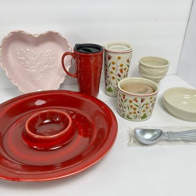 Longaberger Pottery Including Sweetest Heart Dish, Floral Mother's Day Travel Mug & Crock, More