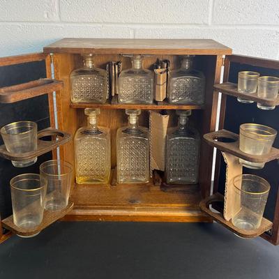 Vintage Hidden Mini Bar Cabinet With Liquor Decanters And Glassware - 15x9x17”