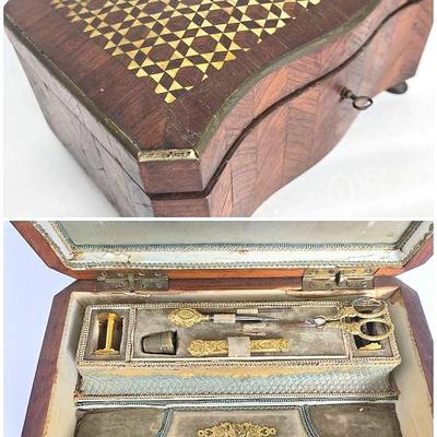 Antique Inlaid Sewing Box With Sewing Supplies - 11x8x5”