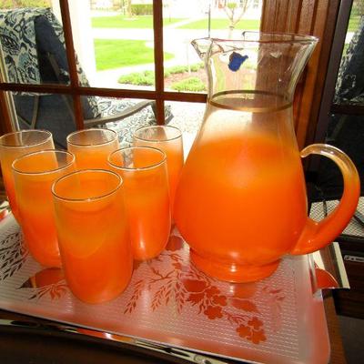 West Virginia Glass Orange ombre pitcher & glasses