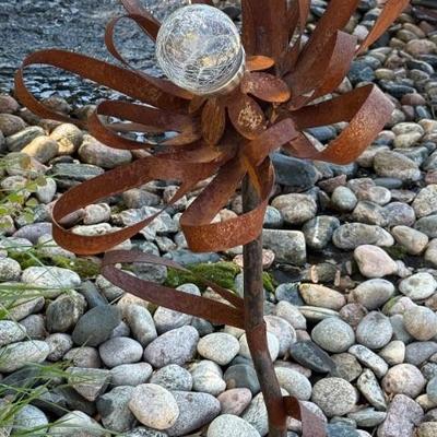 Vintage Metal Yard Art Flower With Solar Glass Globe Center