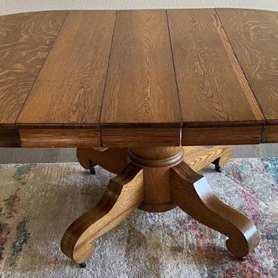 Antique Quarter Sawn Oak Pedestal Dining Table On Casters With 3 Leaves