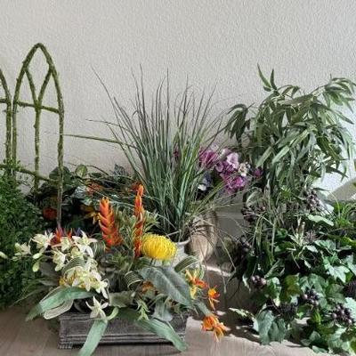 (9) Potted Faux Plants And Flowers And A Faux Garden Trellis 