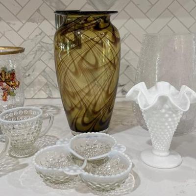 Fenton White Hobnail Ruffled Vases, Moonstone Cream And Sugar, Crackle Vases, And Art Glass Vase