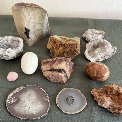 Geodes, Agate Slices, Stone Book End, Alabaster Eggs, Pink Quarts, And More