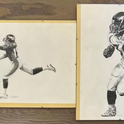 (2) Denver Broncos Black And White Glass Front Prints - Jerry Rice And Terrell Davis