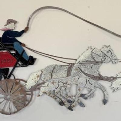 Vintage Harsh 1999 N.C. B. A. Hand Cut Metal Hand Painted Horses And Wagon 