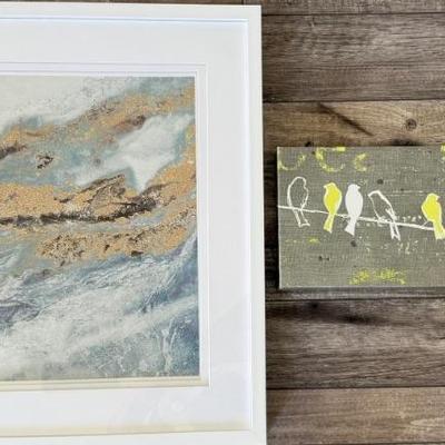 White Wood Framed Abstract Landscape And A Canvas Bird On A Wire