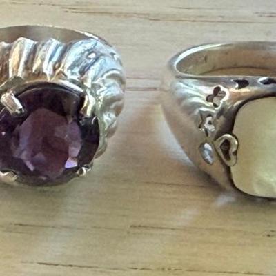 (2) Vintage Sterling Silver RIngs Mother Of Pearl And Purple Glass - Size 9 - Total Weight 18.2 Grams 