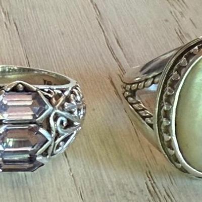 (2) Vintage Sterling Silver Rings Mother Of Pearl And Amethyst Size 9 - 15.6 Grams