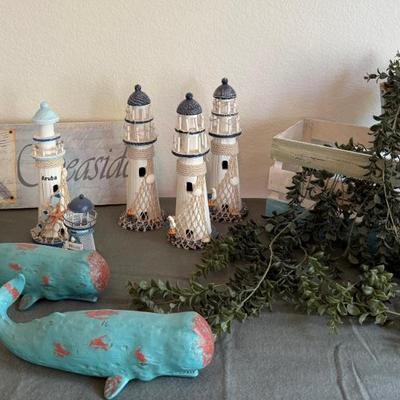 Nautical Theme Decor - Light Houses, Resin Whales, Seaside Wall Hanging, Boxes With Faux Greenery