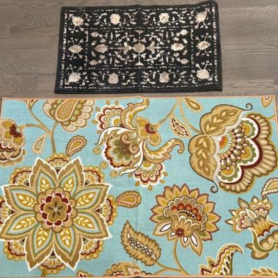 (2) Rugs - Rubber Back Floral Print And Small Black And White