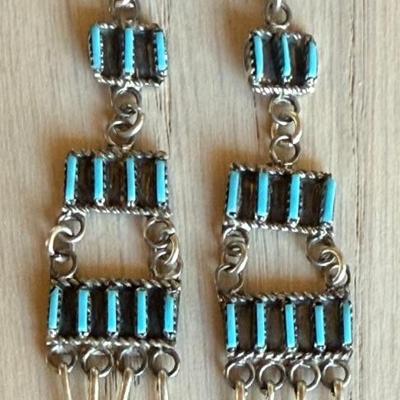 Pair Of Vintage Zuni Petite Point Sterling Silver & Turquoise Earrings 