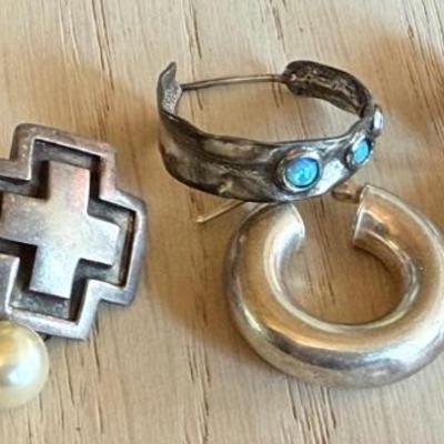 (3) Pairs Of Sterling Silver Earrings - Crosses W Pearl - Hoops & Hoops With Opal - Total Weight 