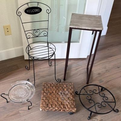 (5) Plant Stands - Black Iron Chair, Wicker Rolling, Wood Top, (2) Metal Floor Stands